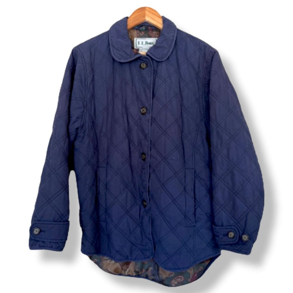 Vintage L.L. Bean Womens Jacket Blue Quilted Riding Jacket Plaid Outdoor Casual